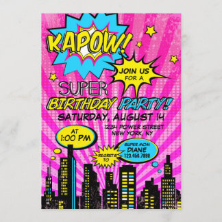 Girl Power Super Hero Comic Book Birthday Einladung