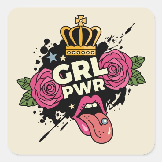 Girl Power Tattoo Style Quadratischer Aufkleber (Vorderseite)