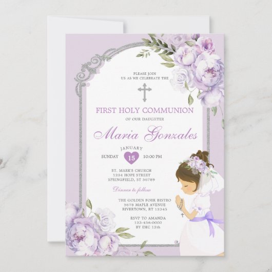 Girl Praying First Holy Communion Purple Floral Einladung (Vorderseite)