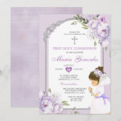 Girl Praying First Holy Communion Purple Floral Einladung (Vorne/Hinten)