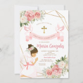 Girl Praying Gold Erste heilige Kommune Pink Flora Einladung (Vorderseite)