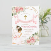 Girl Praying Gold Erste heilige Kommune Pink Flora Einladung (Stehend Vorderseite)