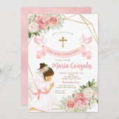 Girl Praying Gold Erste heilige Kommune Pink Flora Einladung (Vorne/Hinten)