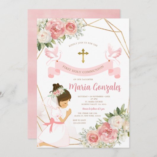 Girl Praying Gold Erste heilige Kommune Pink Flora Einladung (Vorne/Hinten)