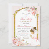 Girl Praying Gold Erste heilige Kommune Pink Flora Einladung (Vorderseite)