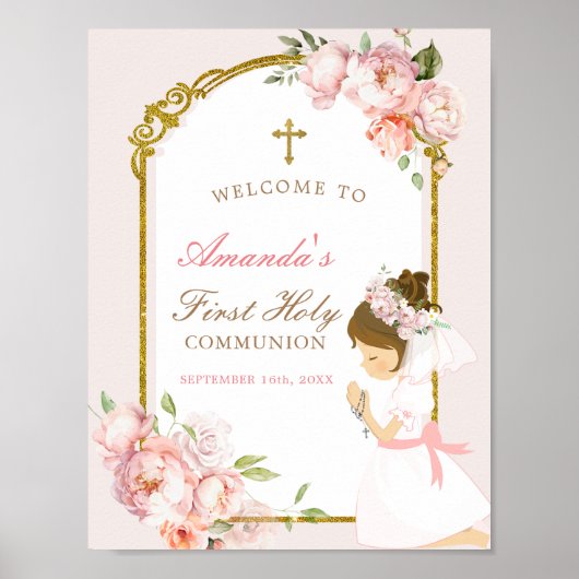 Girl Praying Gold Erste heilige Kommune Willkommen Poster (Vorne)
