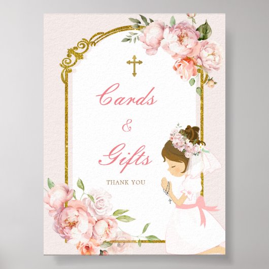 Girl Praying Gold Erstklassige Kommunion Card & Ge Poster (Vorne)