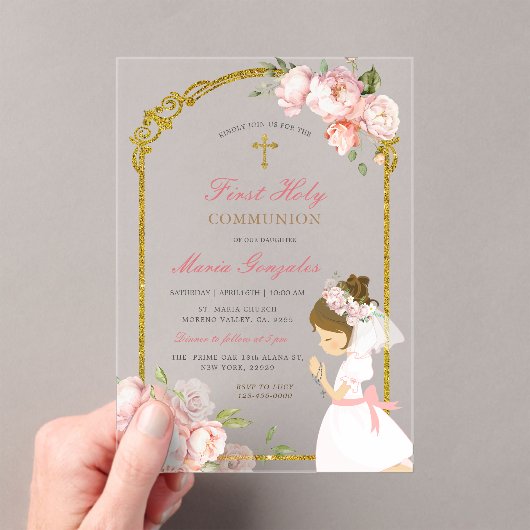 Girl Praying Gold First Heilige Kommunion lockiges Acryleinladungen (Insitu (Handheld))