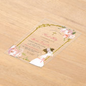 Girl Praying Gold First Heilige Kommunion lockiges Acryleinladungen (Ablage )