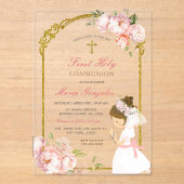 Girl Praying Gold First Heilige Kommunion lockiges Acryleinladungen (Vorderseite)