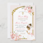 Girl Praying Gold First Heilige Kommunion lockiges Einladung (Vorderseite)