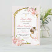 Girl Praying Gold First Heilige Kommunion lockiges Einladung (Stehend Vorderseite)