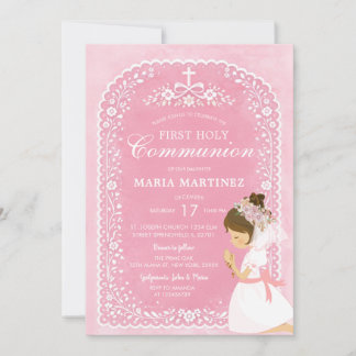 Girl Praying Pink Papel Picado 1st Holy Communion Einladung