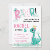 Girl Princess Dinosaur Pink & Aquamarine Geburtsta Einladung (Vorderseite)