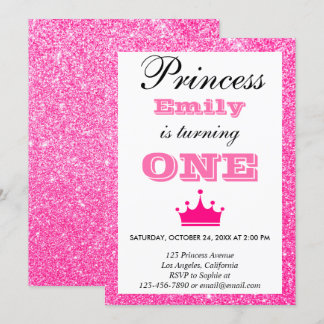 Girl Princess Hot Pink Glitzer Erster Geburtstag Einladung