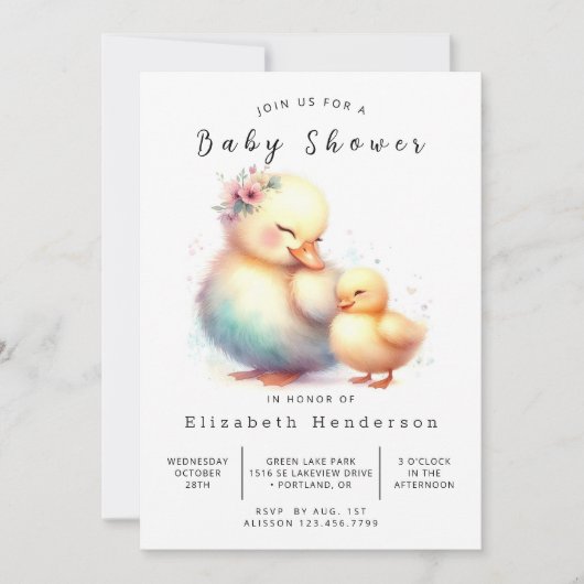 Girl Printable Duck Baby Duck Einladung (Vorderseite)