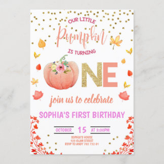 Girl Pumpkin 1. Geburtstag 1 Gold Glitzer Pink Einladung