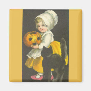 Girl Pumpkin Black Cat Vintag Halloween Magnet