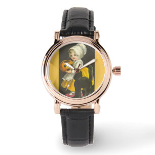 Girl Pumpkin Black Cat Vintag Halloween Watch Armbanduhr
