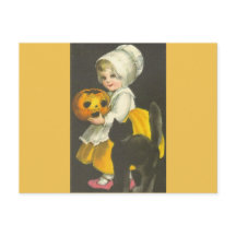 Girl Pumpkin Black Cat Vintage Halloween Postcard