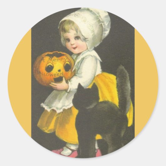Girl Pumpkin Black Cat Vintage Halloween Stickers (Vorderseite)
