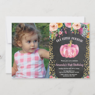 Girl Pumpkin Erste Geburtstagsfloral Gold Chalkboa Einladung