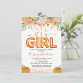 Girl Pumpkin Fall Baby Dusche Einladung (Stehend Vorderseite)