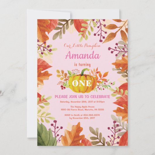 Girl Pumpkin Fall Birthday Einladung (Vorderseite)