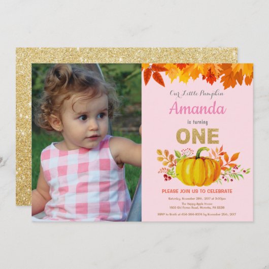 Girl Pumpkin Fall First Birthday Gold Glitzer Einladung (Vorne/Hinten)