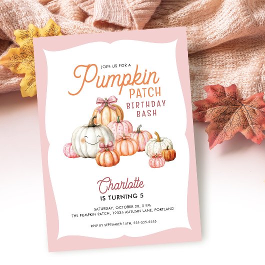 Girl Pumpkin Patch Bows Birthday Party Einladung