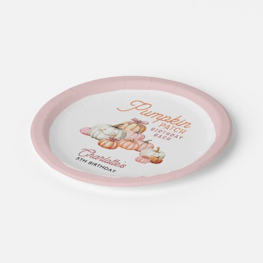 Girl Pumpkin Patch Bows Birthday Party Pappteller (Schrägansicht)