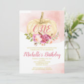 Girl Pumpkin Pink Gold Erstgeburtstag Wasserfarbe Einladung (Stehend Vorderseite)