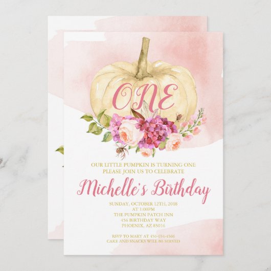 Girl Pumpkin Pink Gold Erstgeburtstag Wasserfarbe Einladung (Vorne/Hinten)