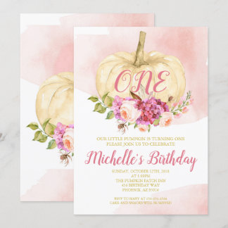 Girl Pumpkin Pink Gold Erstgeburtstag Wasserfarbe Einladung