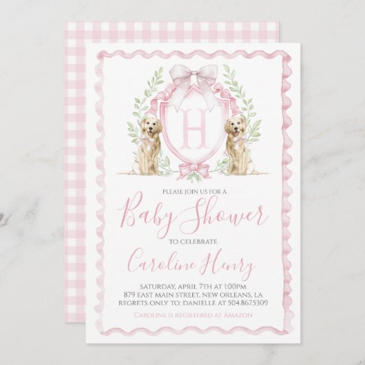 Girl Puppy Dog Baby Dusche Preppy Pink Gingham Einladung (Vorne/Hinten)