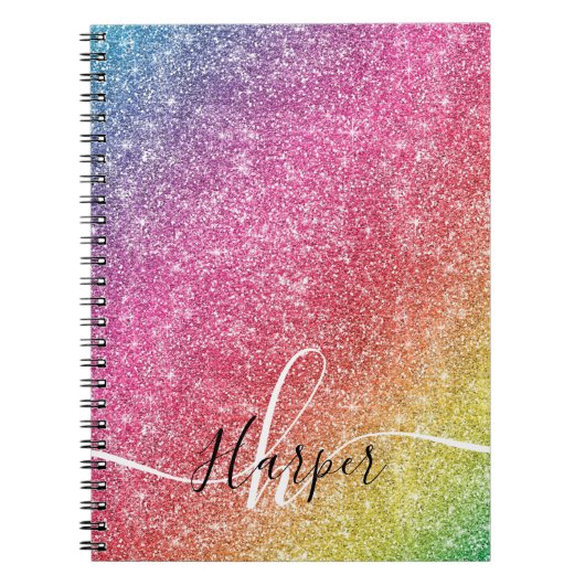 Girl Rainbow Glitzer Monogram Name Notebook Notizblock (Vorderseite)