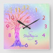 Girl Rainbow Glitzern Monogram Name Square Wall  Quadratische Wanduhr (Vorderseite)