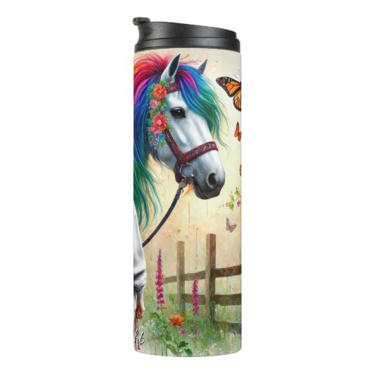 Girl Rainbow Horse Butterfly Meadow Magic Thermosbecher (Nach rechts gedreht)