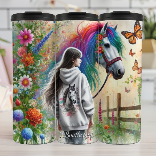 Girl Rainbow Horse Butterfly Meadow Magic Thermosbecher