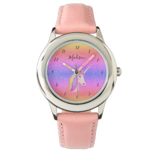 Girl Rainbow Unicorn Pastel Pink Glitzer Kinder Armbanduhr
