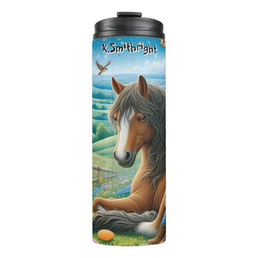 Girl-Rast mit einem sanften Riesenpferd in Blume Thermosbecher (Vorderseite)
