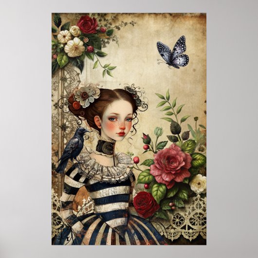 Girl & Raven im Rose Garden Poster (Vorne)