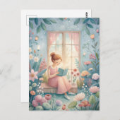 Girl Reading Book Sunlit Window Postkarte (Vorne/Hinten)