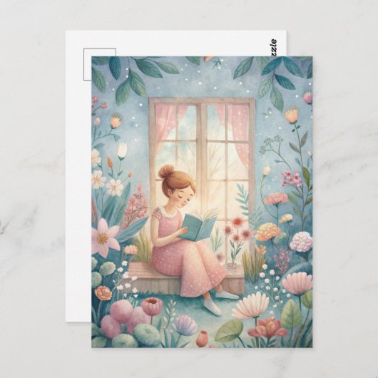 Girl Reading Book Sunlit Window Postkarte (Vorne/Hinten)