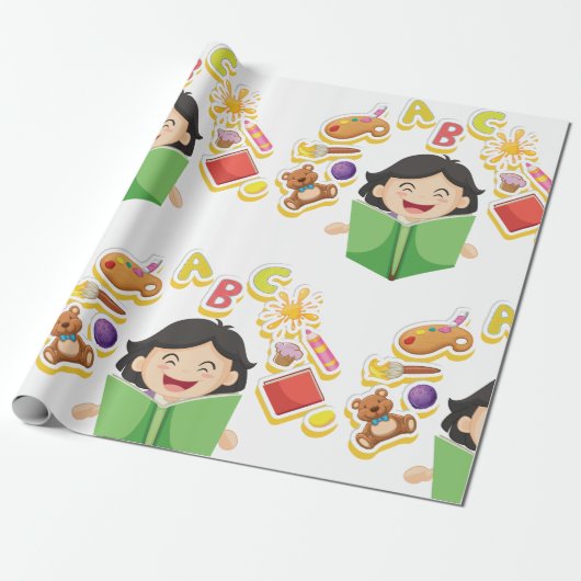 Girl Reading Learning ABC Letters and Toys Geschenkpapier (Ungerollt)