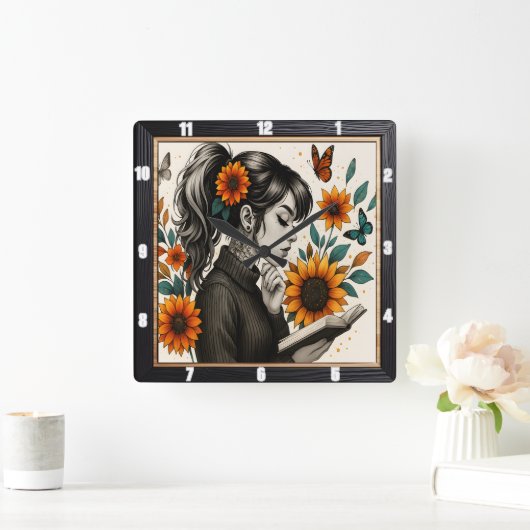 Girl Reading Sonnenblumen Butterfly Quadratische Wanduhr (Zuhause)