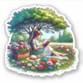Girl Reading unter einem Baum umgeben von Blume Aufkleber (Vorderseite)