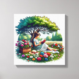 Girl Reading unter einem Baum umgeben von Blume Leinwanddruck