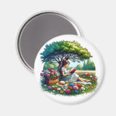 Girl Reading unter einem Baum umgeben von Blume Magnet (Vorderseite/Rückseite)