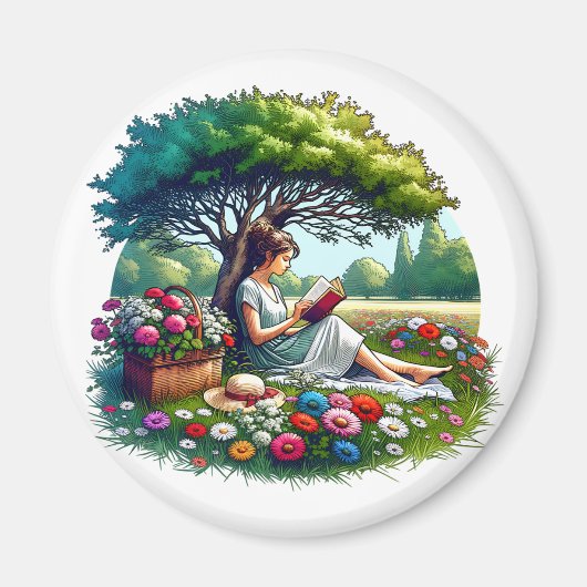Girl Reading unter einem Baum umgeben von Blume Magnet (Vorne)